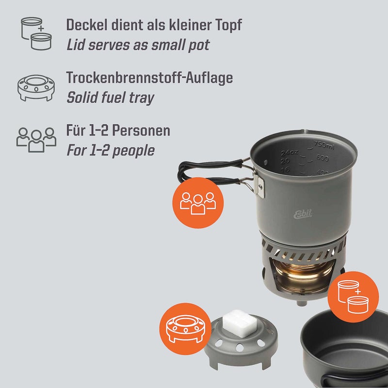 Esbit CS985HA 5-Piece Lightweight Trekking Cook Set with Brass Alcohol Burner Stove and 2 Anodized Aluminum Pots, Grey, 985ml - Image 3